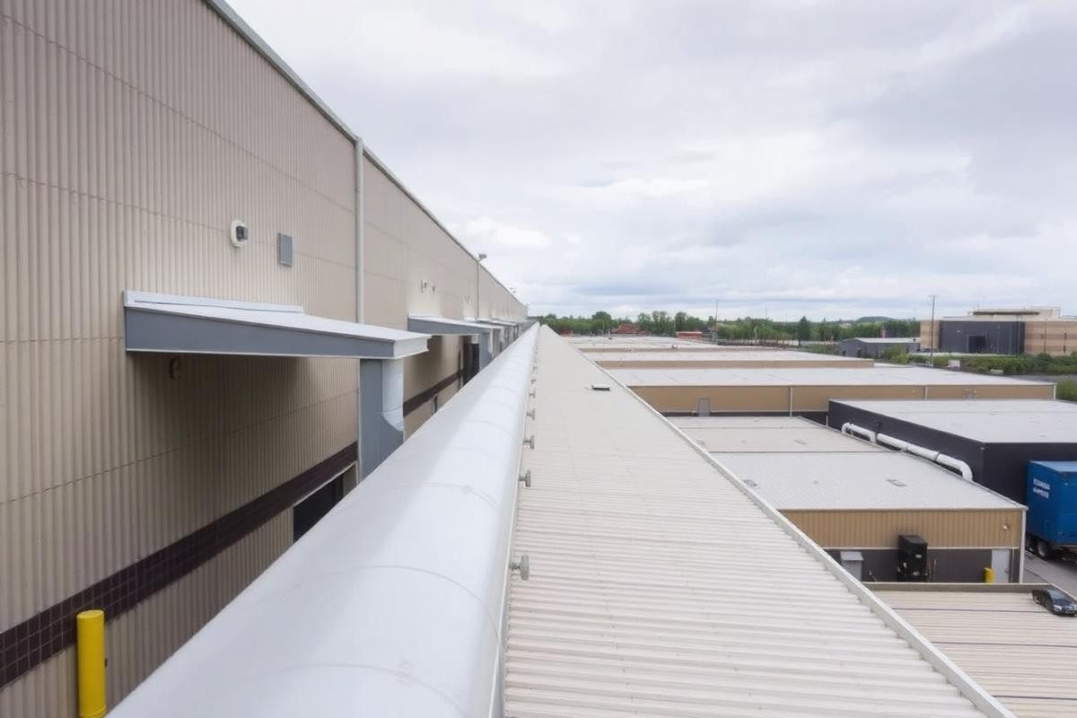 High-capacity commercial box gutter and oversized downspout along a warehouse roofline