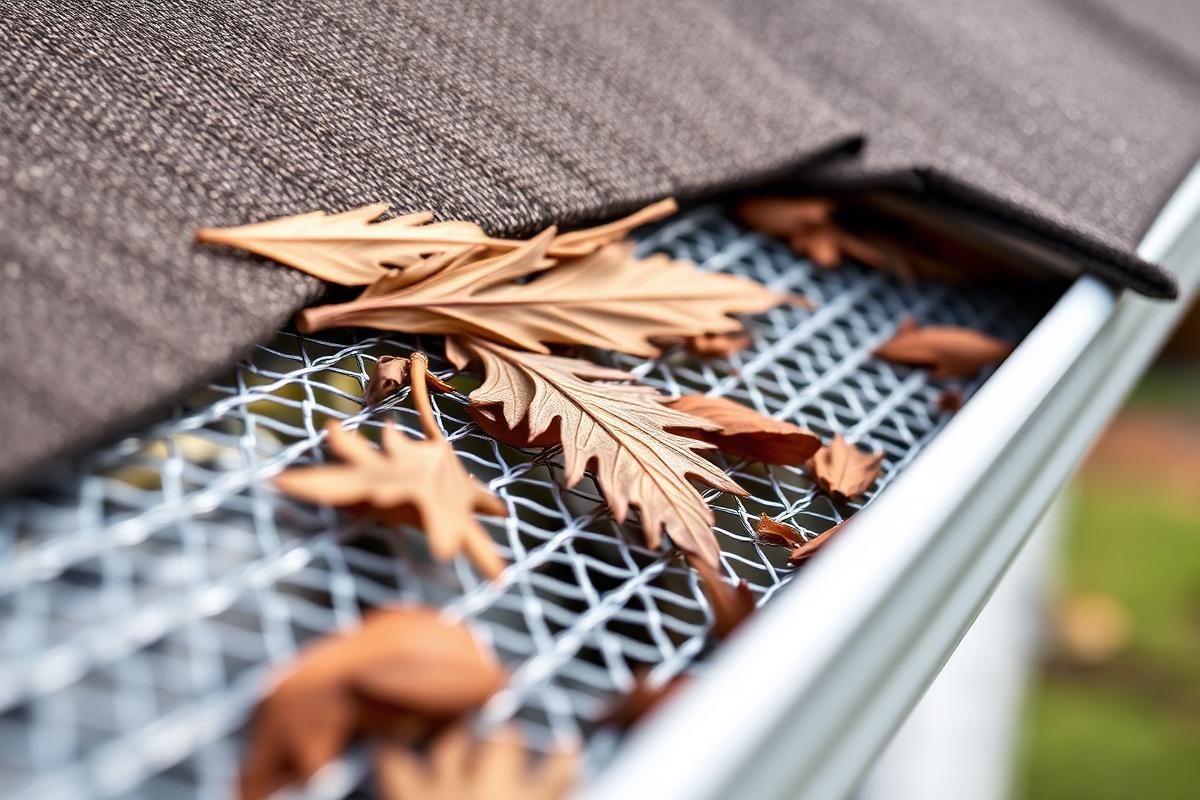 Stainless micro-mesh gutter guard with oak leaves and pine needles resting on the surface